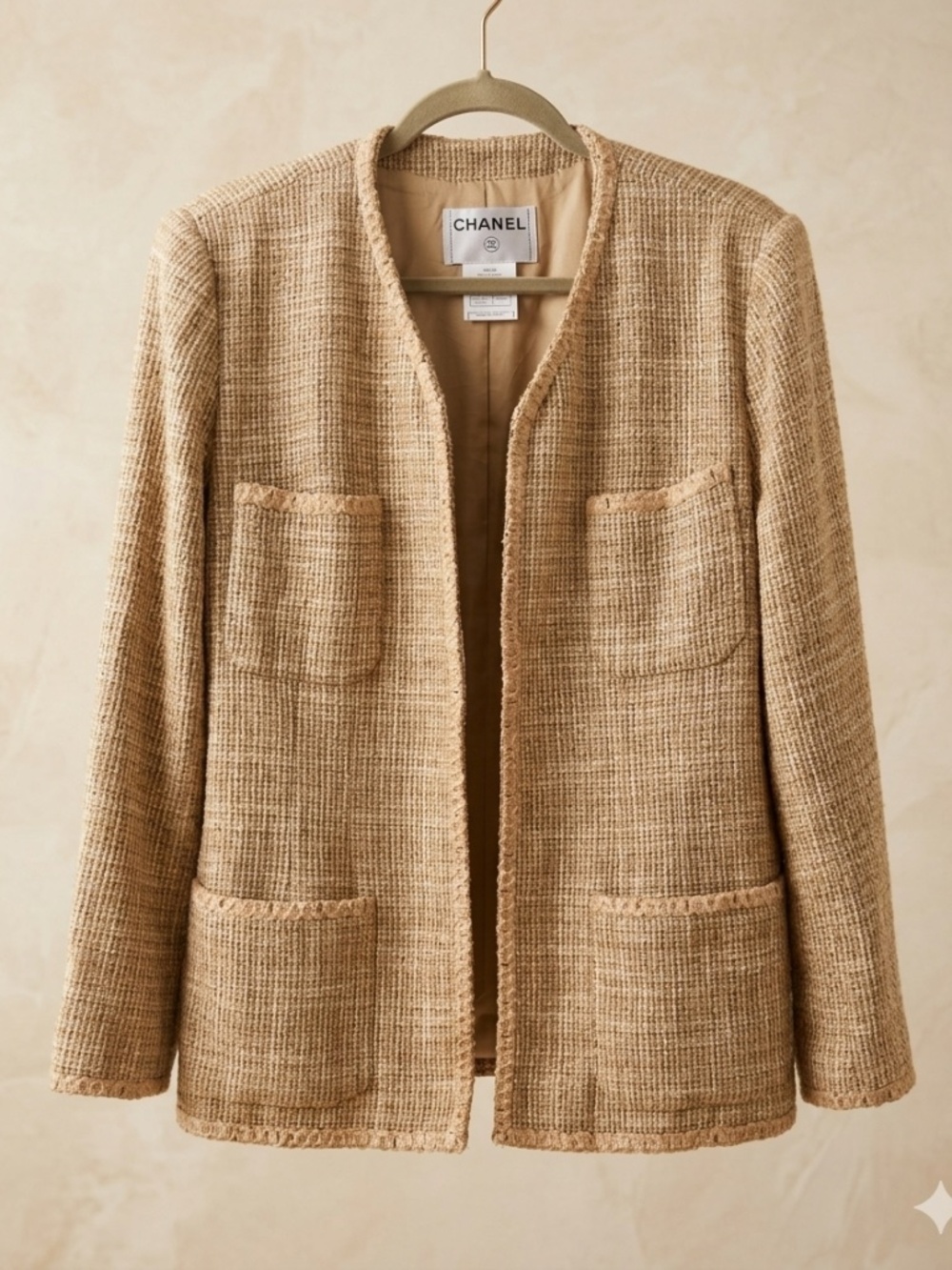 Authentic CHANEL Vintage 03P Beige Tweed Open Front Jacket Blazer FR 48 US 14